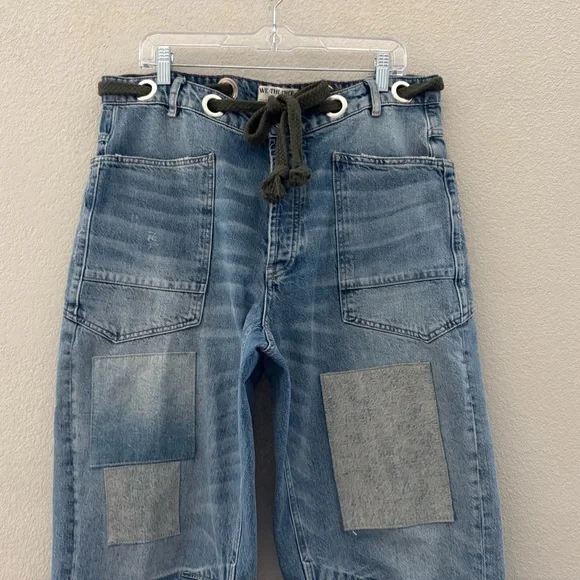 Free People Moxie Barrel Jeans Denim Blue Patches Baggy Slouchy Boho Festival 31 - Picture 7 of 14